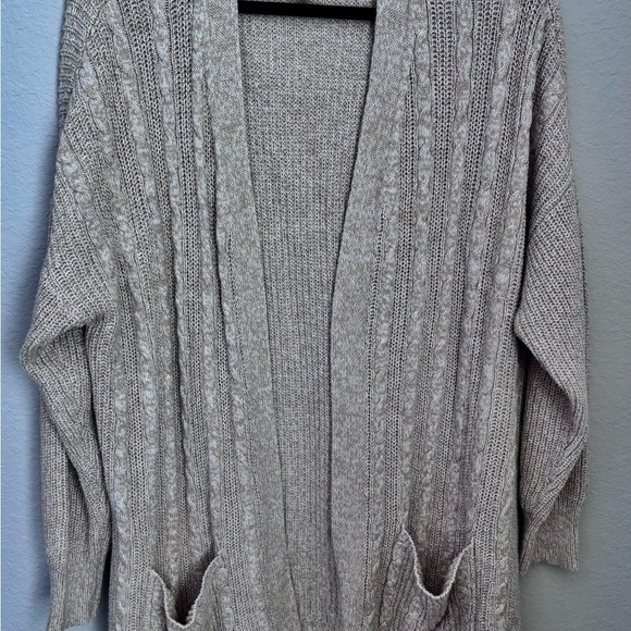 St. John's Bay Tan and White Cozy Open Front Cable Knit Cardigan - Picture 2 of 11